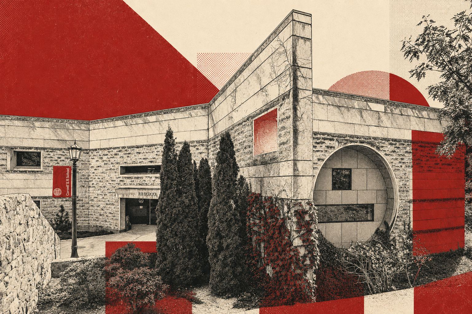 Illustrated collage of the ILR School building in red and cream